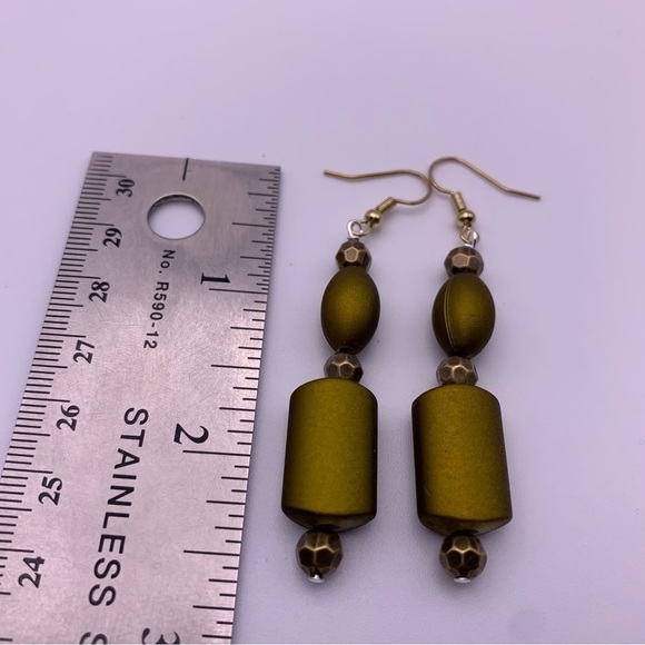 Set of Three NWOT Dark Olive Green Vibrant Long Beaded Dangle Earrings - Picture 6 of 7